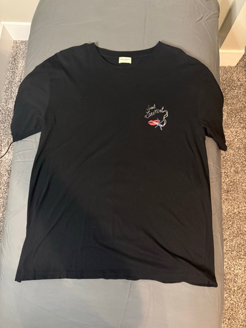 Saint Laurent Black Tee with Red & Blue Chest Embroidery